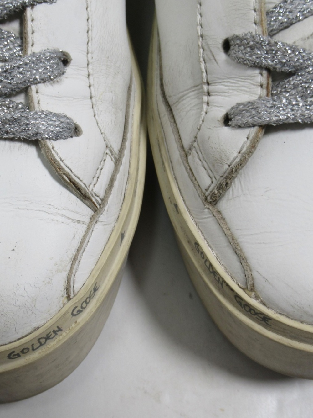 Golden Goose Women's Hi Star White Leather Silver Star Glitter Heel Tab 7 US - Picture 3 of 12